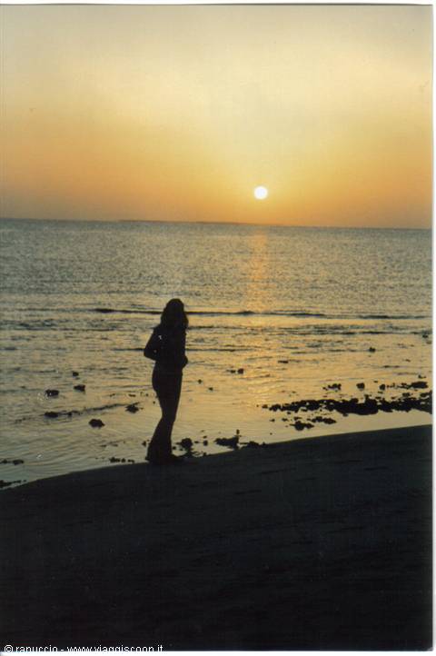 Woman silhouetted on the beach facing the low sun over the sea