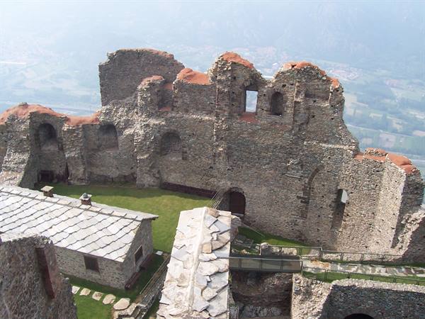 Stone abbey ruins with slate roof, Sacra di San Michele