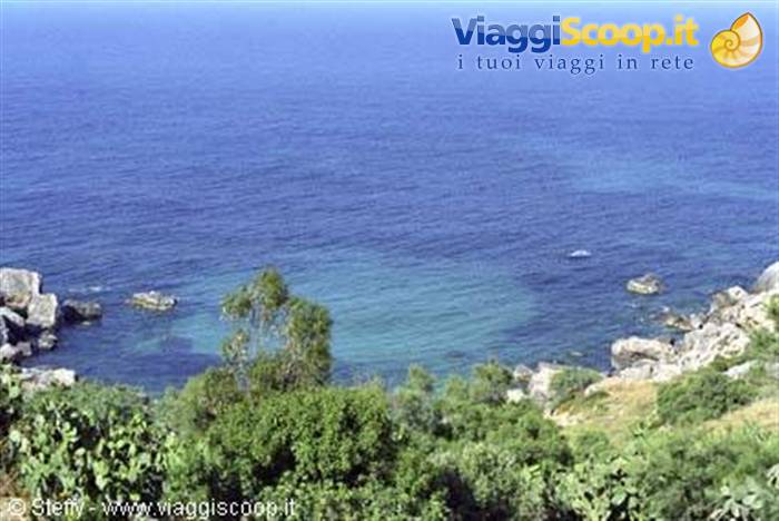 Mediterranean shrubs on rocks above emerald cove, open blue sea, small boat