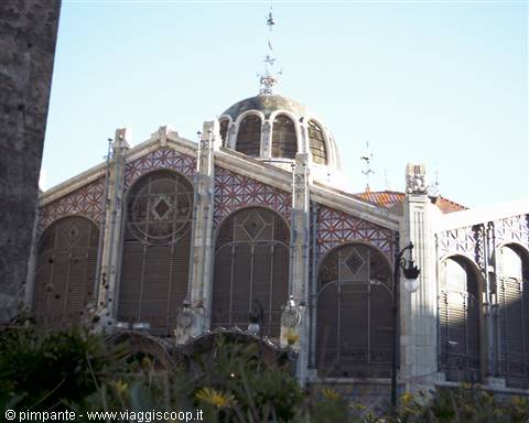 Central Market of Valencia, tiled facade and dome in daylight
