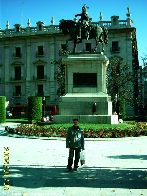 Tourist with bag in front of the bronze equestrian statue, palace and flowerbeds in Madrid
