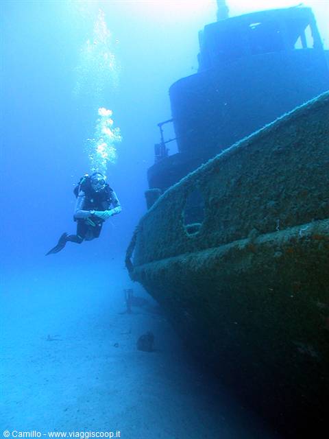 Diver explores a encrusted shipwreck hull hovering over sandy seabed