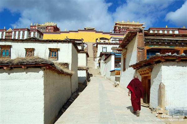 Red-robed monk walks among white houses toward Songzanlin Tibetan monastery