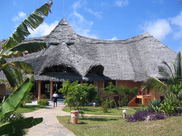 Person walks toward a thatched-roof lodge among palms and banana plants