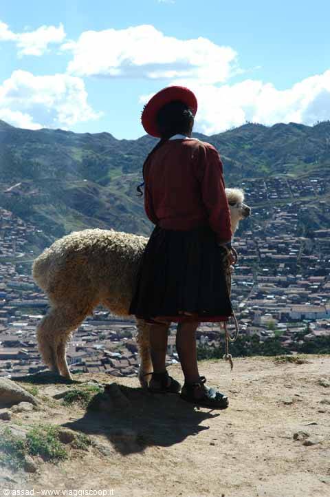 Woman in red hat standing beside a llama, Cusco city in the background