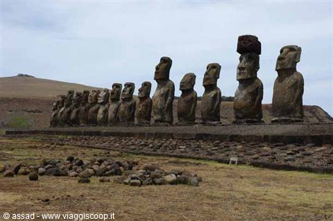 Fifteen stone moai lined on a platform at Ahu Tongariki, Easter Island