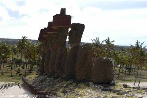 Moai statues with red stone topknots at Anakena, among palms and sand