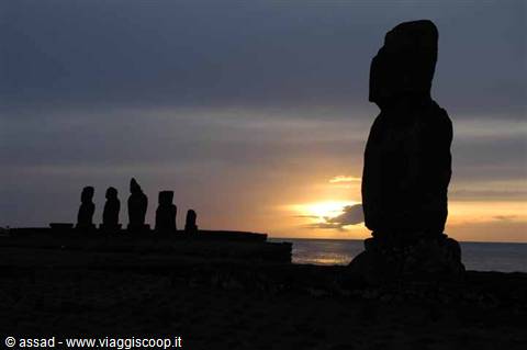 Moai statues silhouetted at dawn on the Ahu Tongariki platform, Rapa Nui