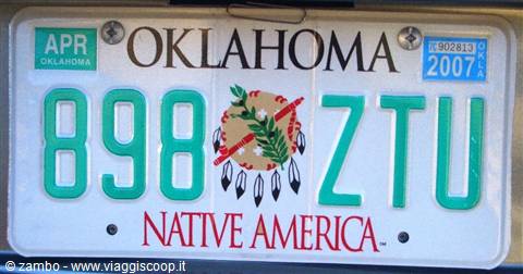 Oklahoma license plate 898 ZTU with feathered shield, Native America text