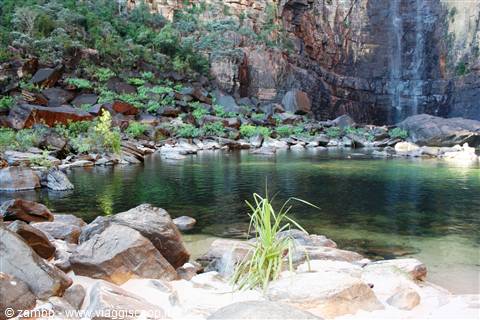 Waterfall on rock cliff, green plunge pool surrounded by boulders and vegetation