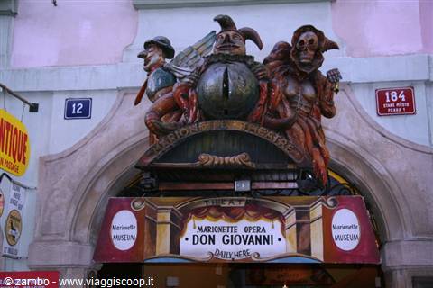 Wooden puppet sign above the Marionette Theatre entrance in Prague