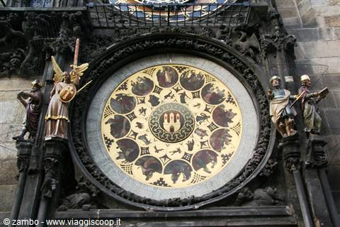 Medieval astronomical clock with golden medallions and statues, Prague