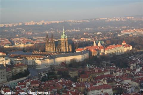 Prague Castle and St. Vitus Cathedral among red rooftops