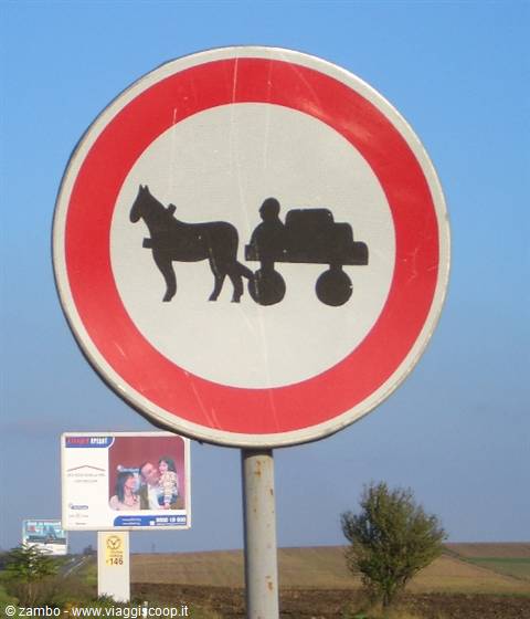 Road sign banning horse-drawn carts against blue sky and fields