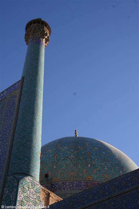 Turquoise tiled minaret and dome of the Shah Mosque, Esfahan