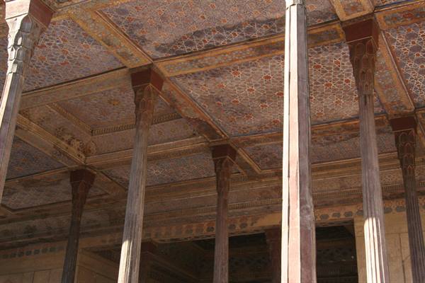 Wooden columns and painted ceiling of Chehel Sotoun palace, Esfahan