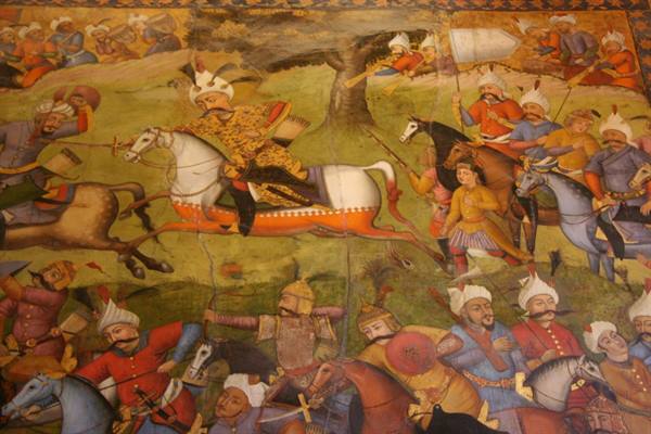 Mural painting of battle with horsemen, Chehel Sotoun Museum, Esfahan