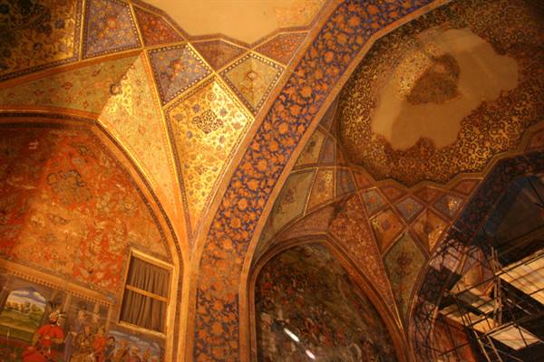 Gilded painted vaults and frescoes inside Chehel Sotoun palace, Esfahan