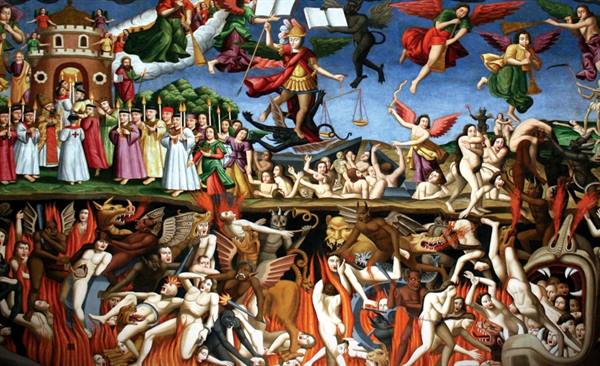 Mural painting of the Last Judgment: angels, damned souls and demons in hell