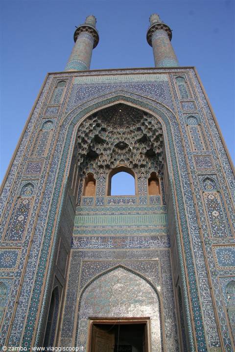 Tiled iwan entrance flanked by two minarets, Jameh Mosque, Yazd
