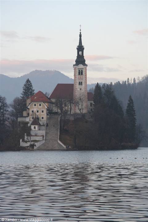 Assumption Church on Bled Island in the misty morning light