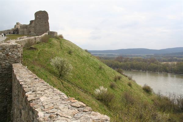 Stone walls and Devin Castle ruins above the Danube river