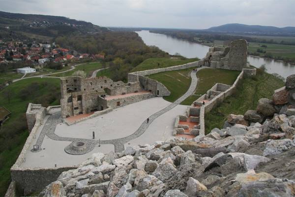 Stone ruins of Devín Castle above the Danube, overcast sky