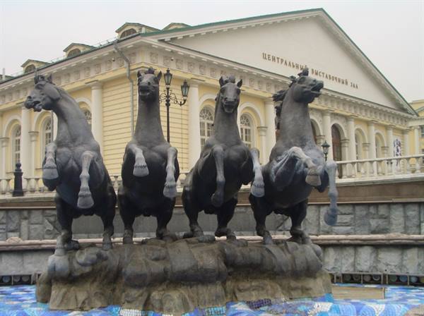 Four rearing bronze horses of the fountain outside Moscow's Central Manege