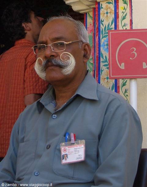 Man with large curled white moustache, glasses and badge, near painted column