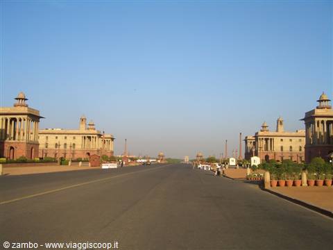 Empty boulevard toward government buildings on Rajpath, New Delhi