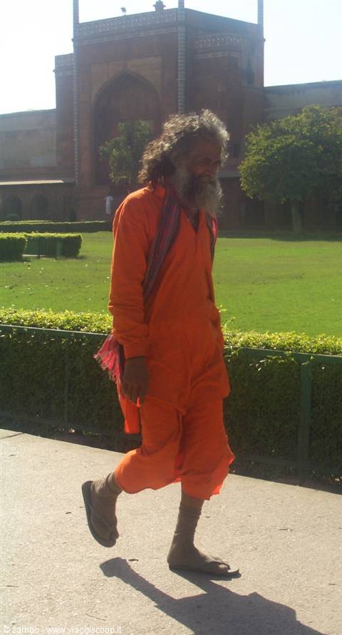 Sadhu in orange robes walks through the Taj Mahal gardens, Agra