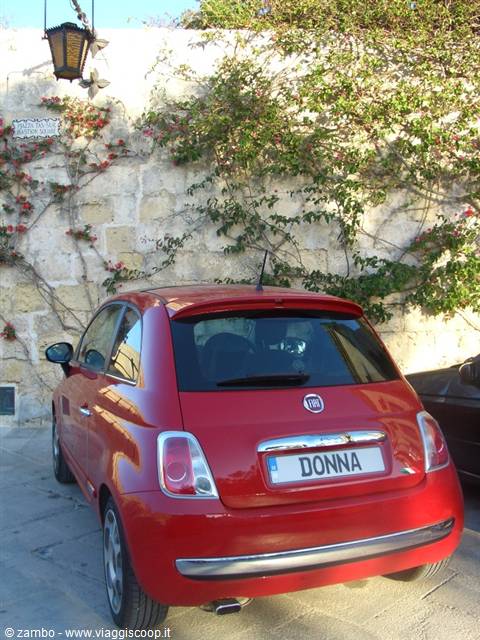 Red Fiat 500 with DONNA license plate parked beside flowering stone wall
