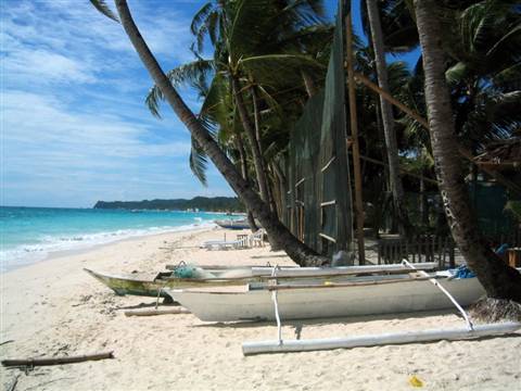 Wooden outrigger fishing boats on white sand under leaning palms, turquoise sea