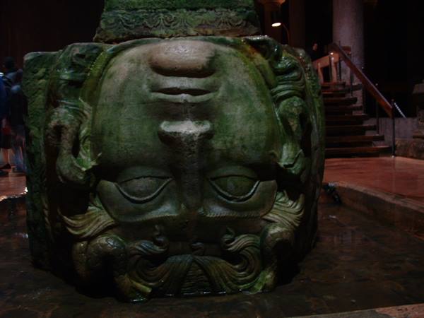 Upside-down Medusa head column base in Istanbul's Basilica Cistern