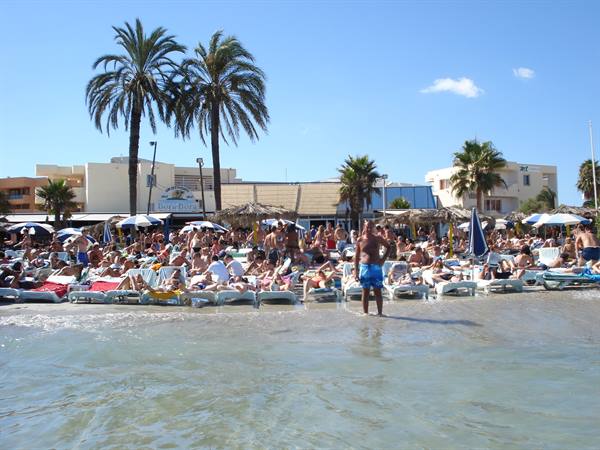 Crowded beach at British Bath: people on white sunbeds, palms and umbrellas, man wading