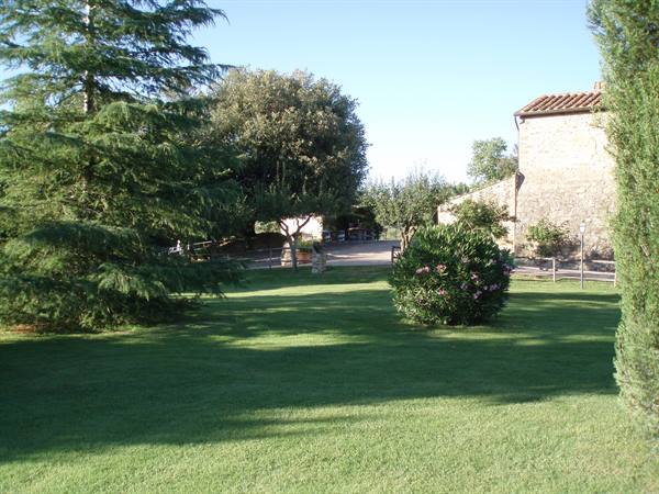 Grassy garden with cypress, blooming oleander and a stone farmhouse
