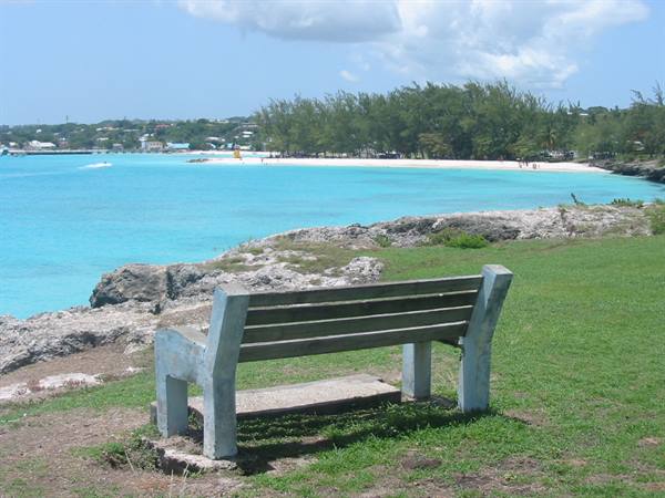 Wooden and concrete bench on grass facing turquoise sea and white beach
