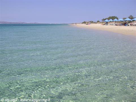 Clear turquoise water over sand, blue umbrellas and beachgoers along the shore