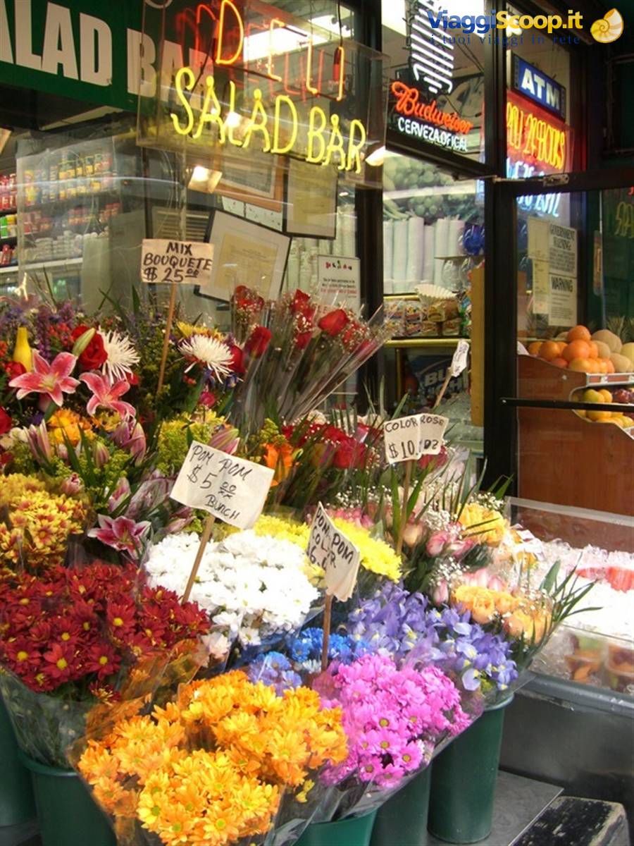 Colorful flowers in buckets outside a deli shop with neon salad bar sign