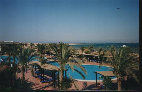 Blue pools among palms and pergolas facing the beach by the sea