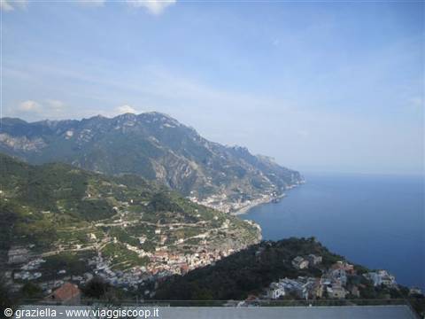 Ravello coast: mountains, houses and the blue sea under a clear sky
