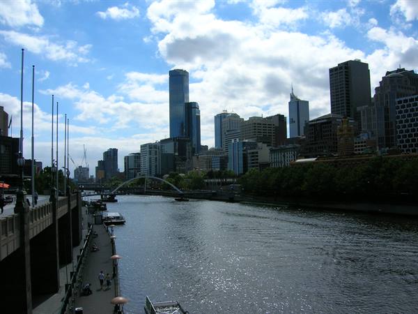 Skyscrapers over the Yarra River in Melbourne, bridge and riverside walkway