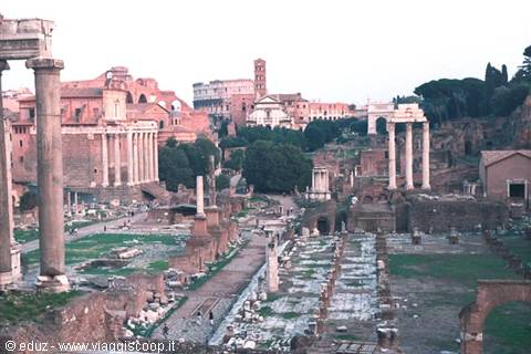 Ancient columns and ruins of the Roman Forum among grassy grounds