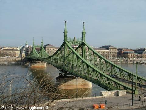 Green iron Liberty Bridge in Budapest over the Danube
