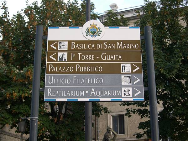 Tourist signpost in San Marino pointing to Basilica and Guaita tower