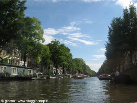 Amsterdam canal with houseboats, moored boats and elm trees under a blue sky
