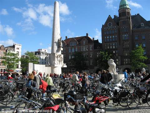 Thousands of bicycles crowd Dam Square in Amsterdam by the National Monument