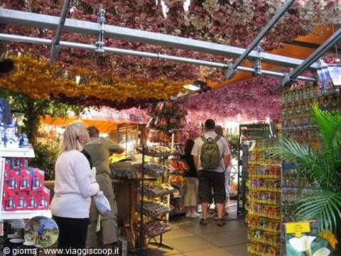Tourists under hanging flowers at the Bloemenmarkt floating market, Amsterdam