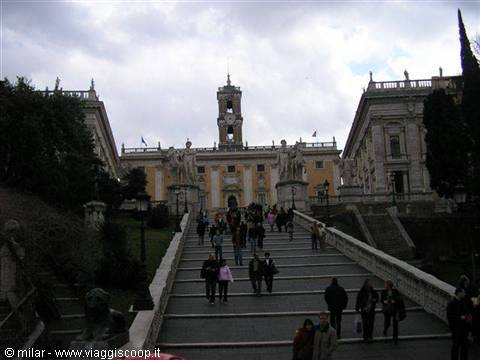 Tourists climbing the cordonata up to the Campidoglio, Rome, cloudy sky