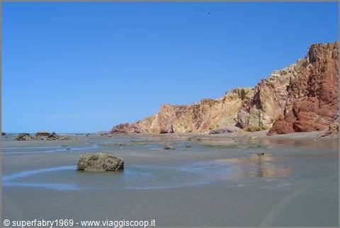 Beach with ochre and red colored rocky cliffs, clear blue sky